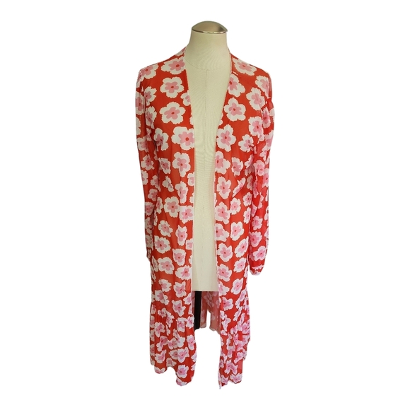 Sheer Red Floral Long Duster Cardigan Kimono Size XXL Lightweight - Picture 1 of 6